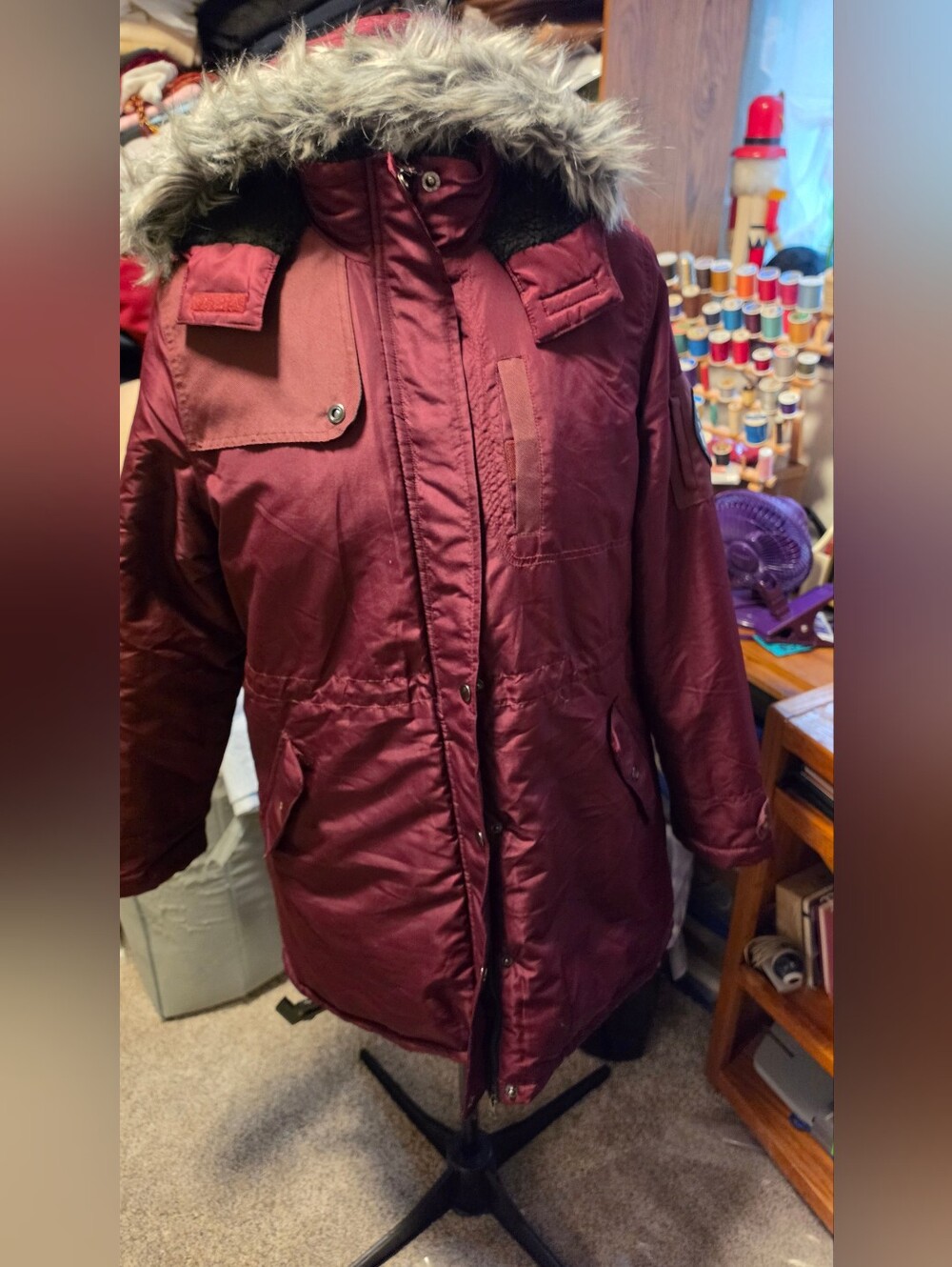 Pink Platinum Burgundy Hooded Puffer Coat with Faux Fur Trim